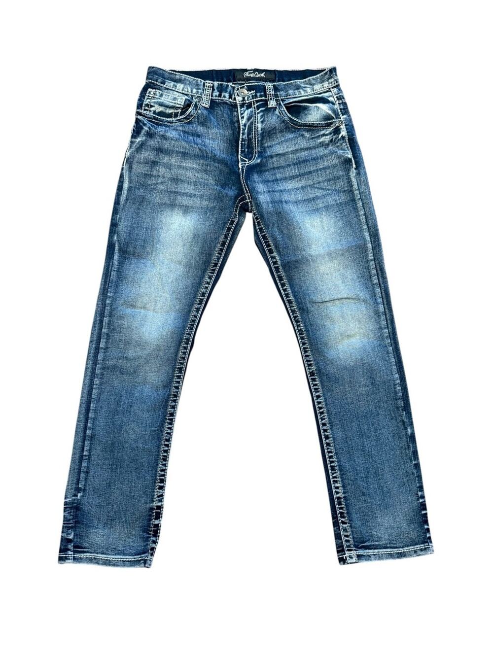 True Luck Men's 32 x 30 Faded Blue Slim Straight Jeans